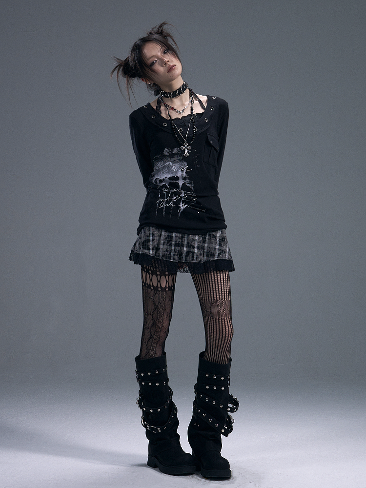 Graffiti with Halter V-Neck Knit Lace Buttons Mesh Punk Top Black