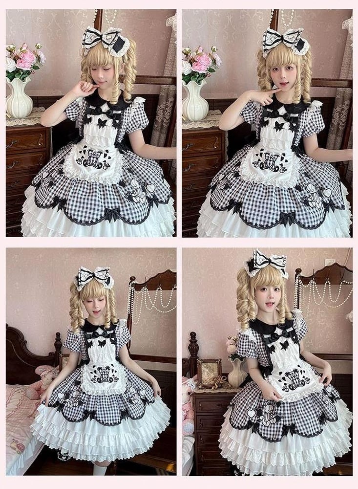 Self-tie Strap with Plaid Bear White Ruffled Hem Lolita Apron