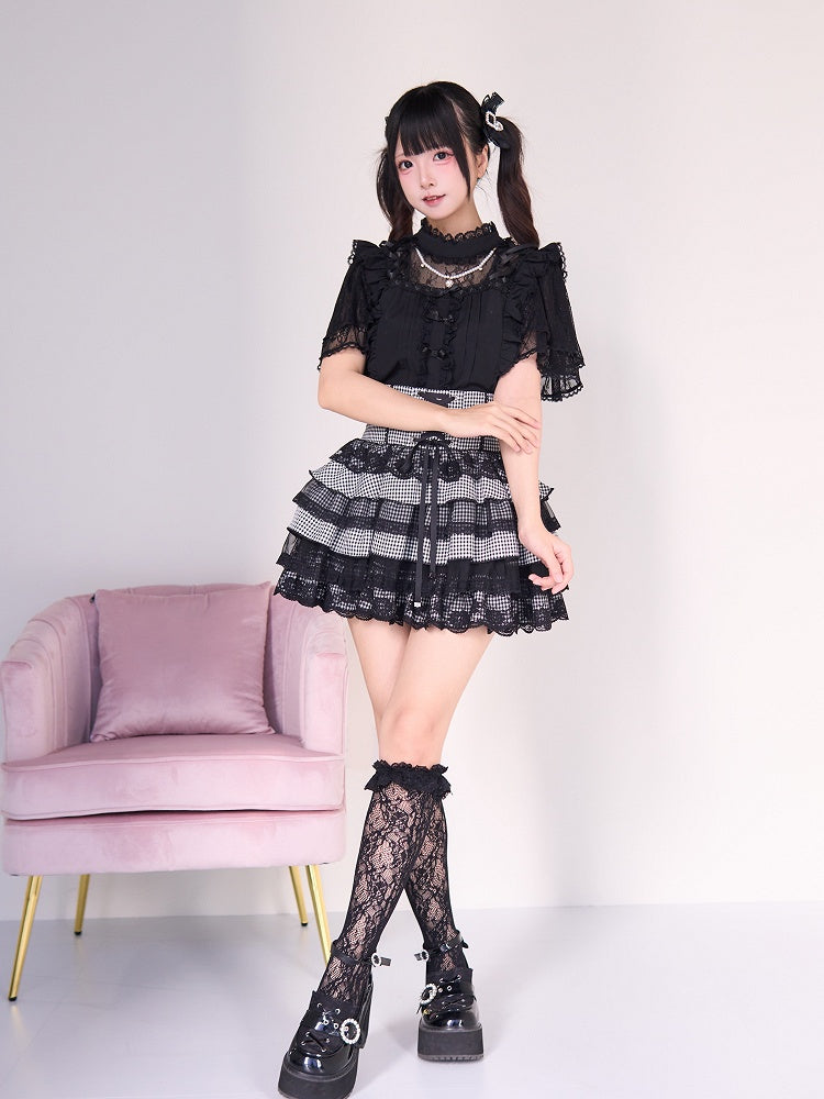 Lace Tiered Kei Style Plaid Skirt: Jirai Black Trim