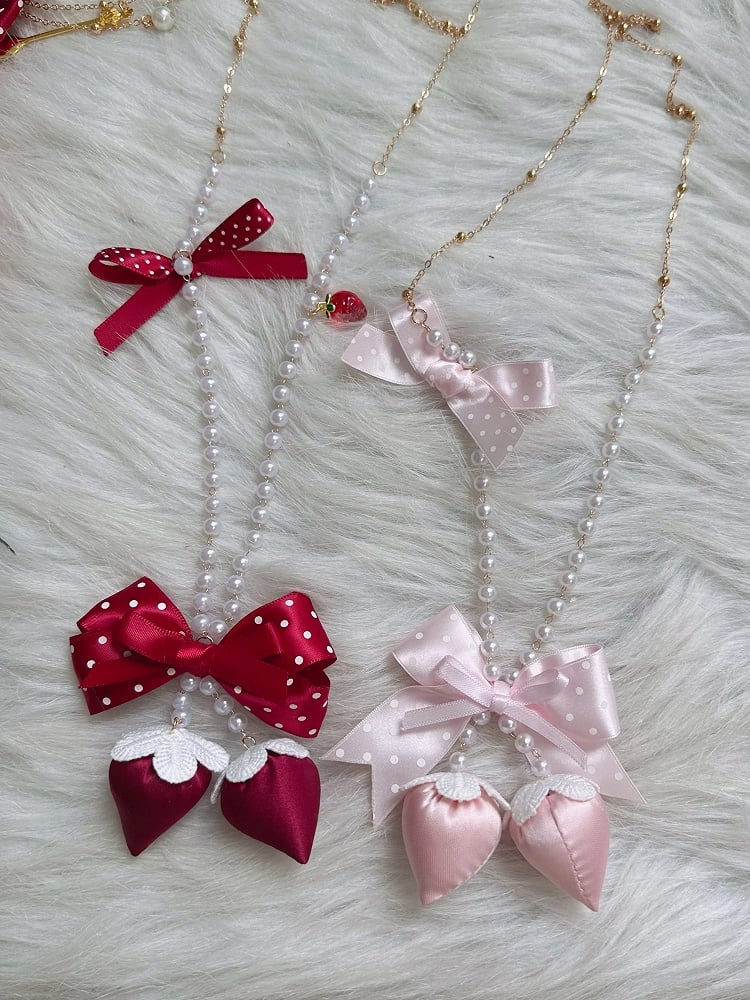 (2 Necklace Dot Polka Pearl Strawberry Colors) Bow