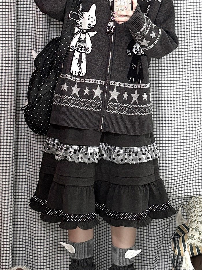 Ruffle Elastic kawaii Daily with Skirt Hemline Grey Waistband