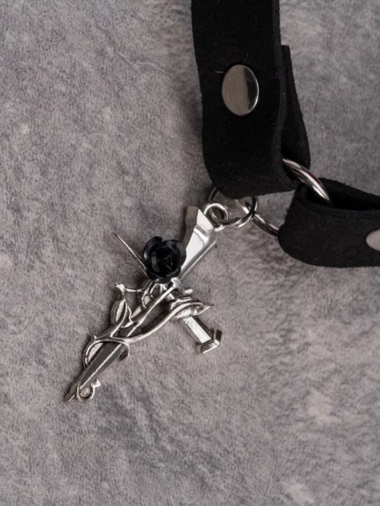 Cross Decorated Choker Pendant Rosette Black Gothic