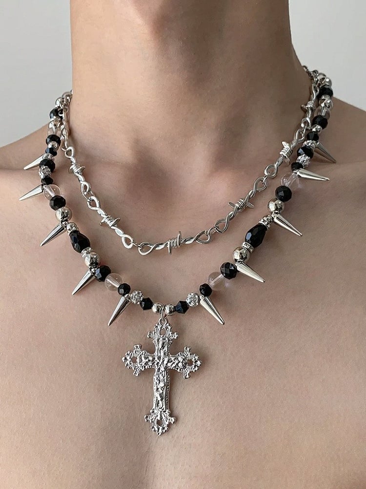 Punk Black & White Beaded Layered Necklace with Spikes and Cross - YSHXS