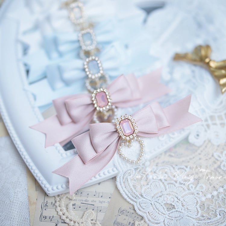 Pink/Light Blue/White Square Rhinestone Jirai Kei Bow Hairclips Dusty