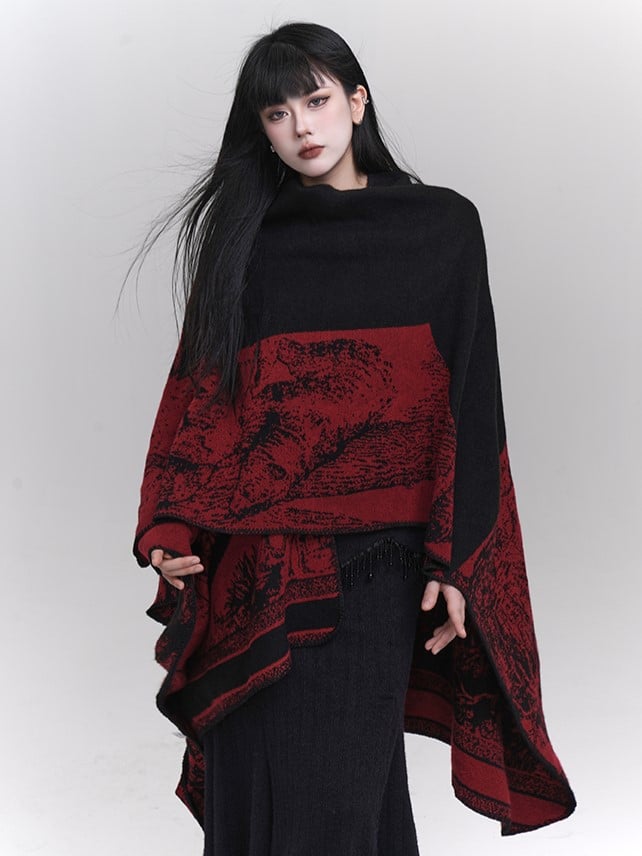 Red Illustration Poncho Black Ethnic Gothic
