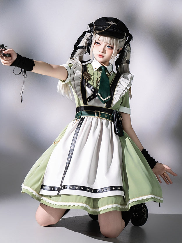 Flatter-Militär und Set, kurze Schürze, grünes Kleid, volle Dienstmädchen-Hülsen, leichte Lolita-Ärmel