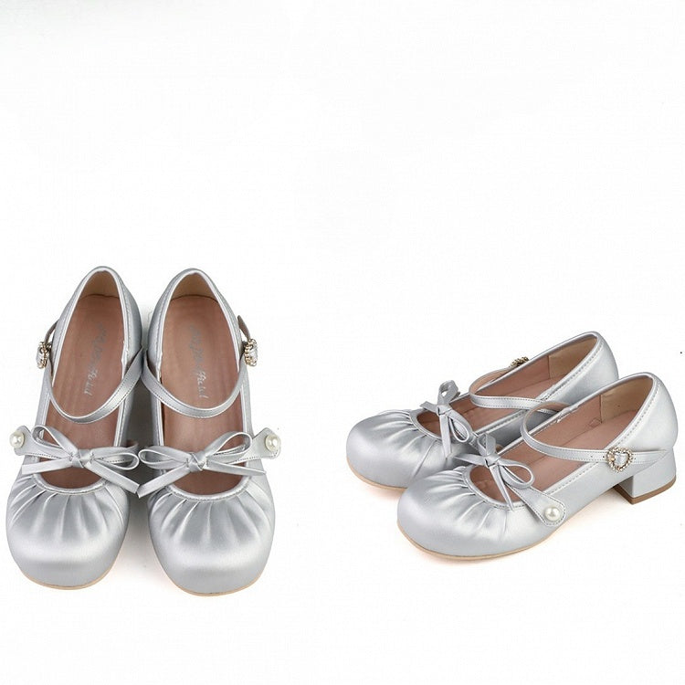 Top Buckle Knotted Mary Sweet Round Heart Rhinestone at Bow Toe - Silver Janes