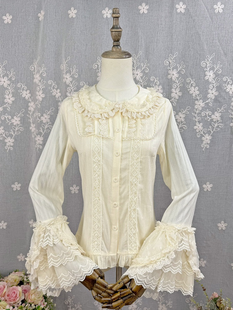 Apricot Cotton Sleeves Blouse Jacquard Lolita Long Bell