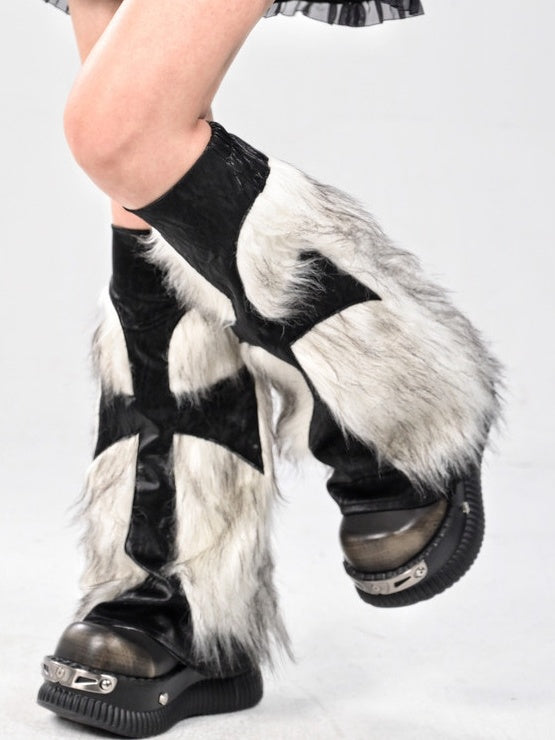 ブラックゴシッククロスシャギーPUレッグウォーマー