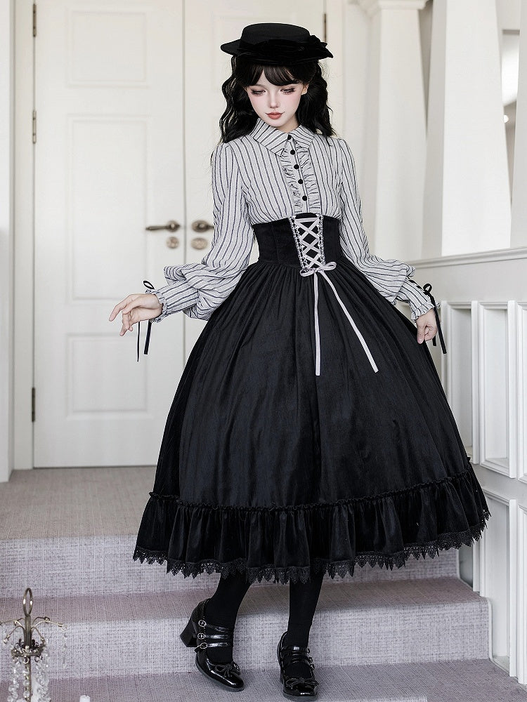 Hat Boned Two Pieces Design Dress Black Bow Brooch + Striped Lolita Waist Fake