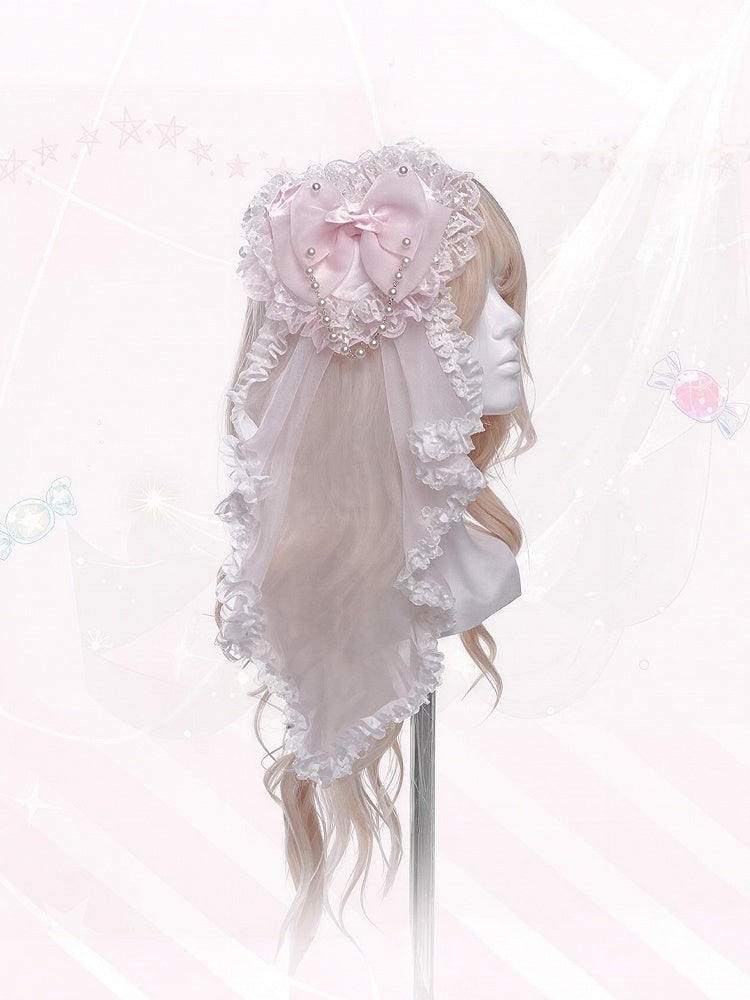 Pink Heart-shaped Sweet Lolita Hairclip with Veil and Bead Chain - Meng Fu Zi