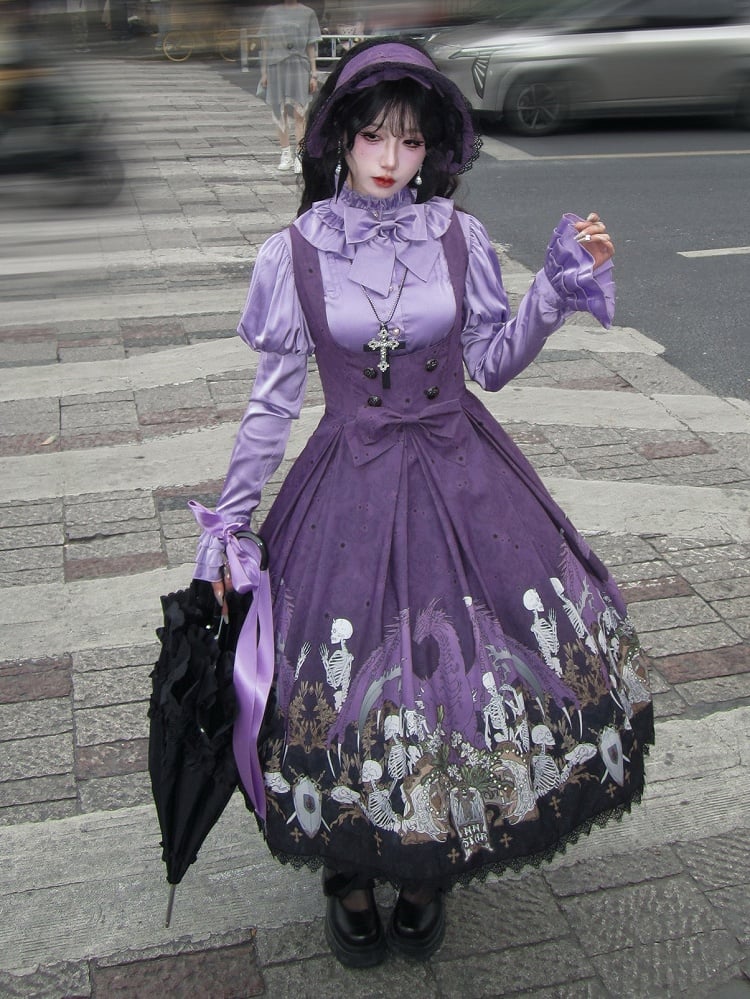 Purple Skeleton Cross Print Under Bust Gothic Lolita Dress with Black Lace Trim - NnSTAR