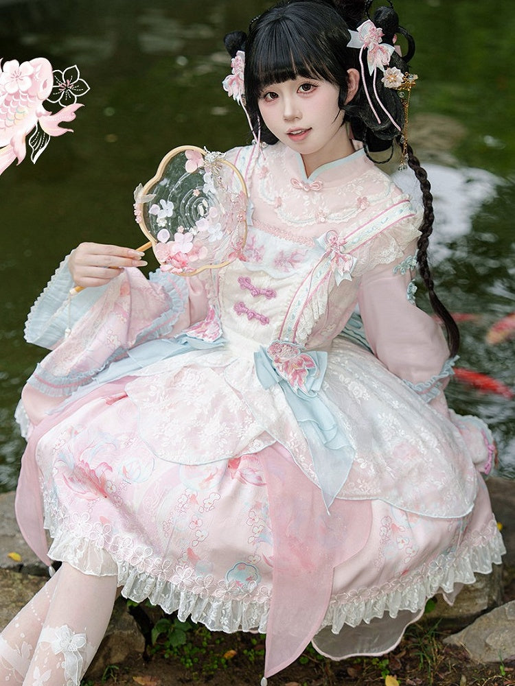 Embroidery Blue Fish and with Ruffles White Patch Golden Lace Apron