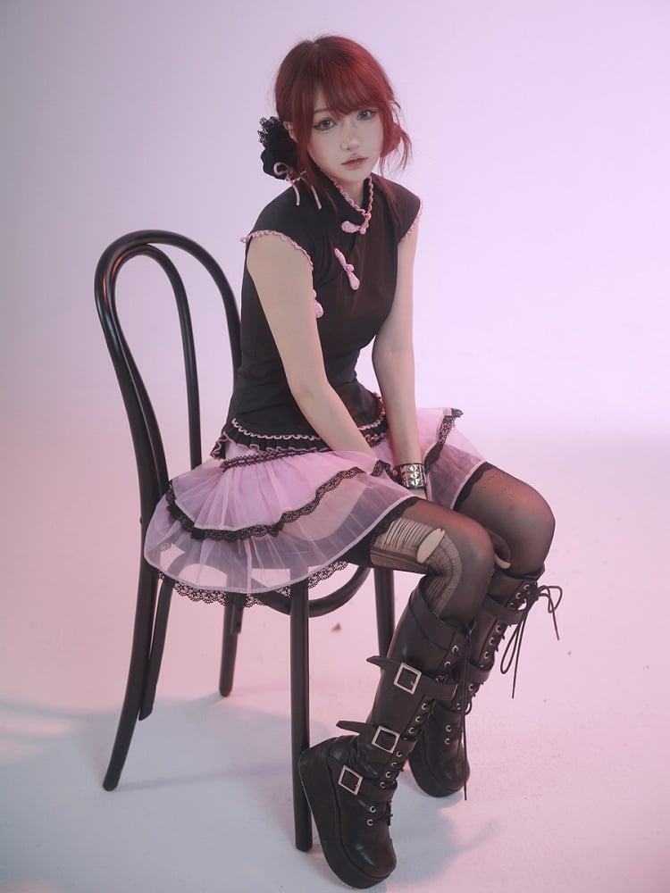 Black Sleeveless Cheongsam Buckle Top