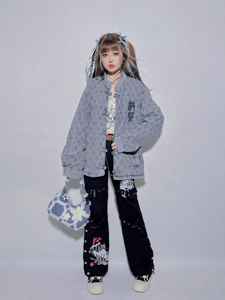 Denim Blue Round Neck Letter Loose Jacket