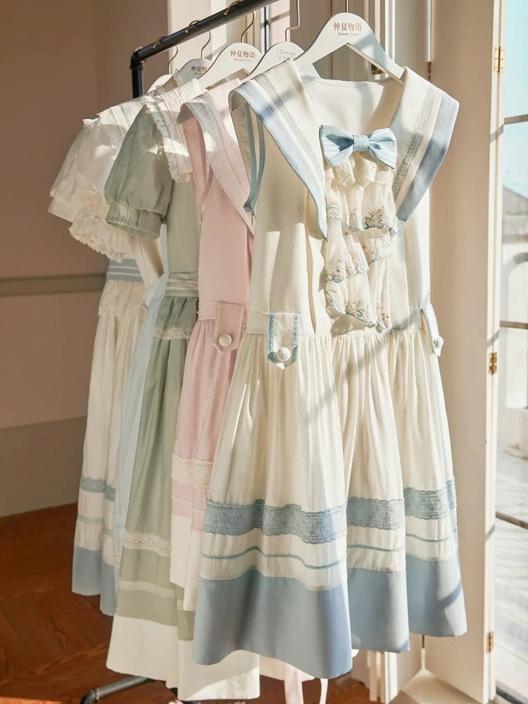 Accent Light White Sailor Bow Collar and Milk Lace Trims Lolita with Blue Dress