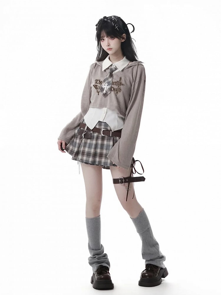 Decorated Hem Cross White/Beige Sleeveless with Curved Shirt Preppy Style Tie Plaid