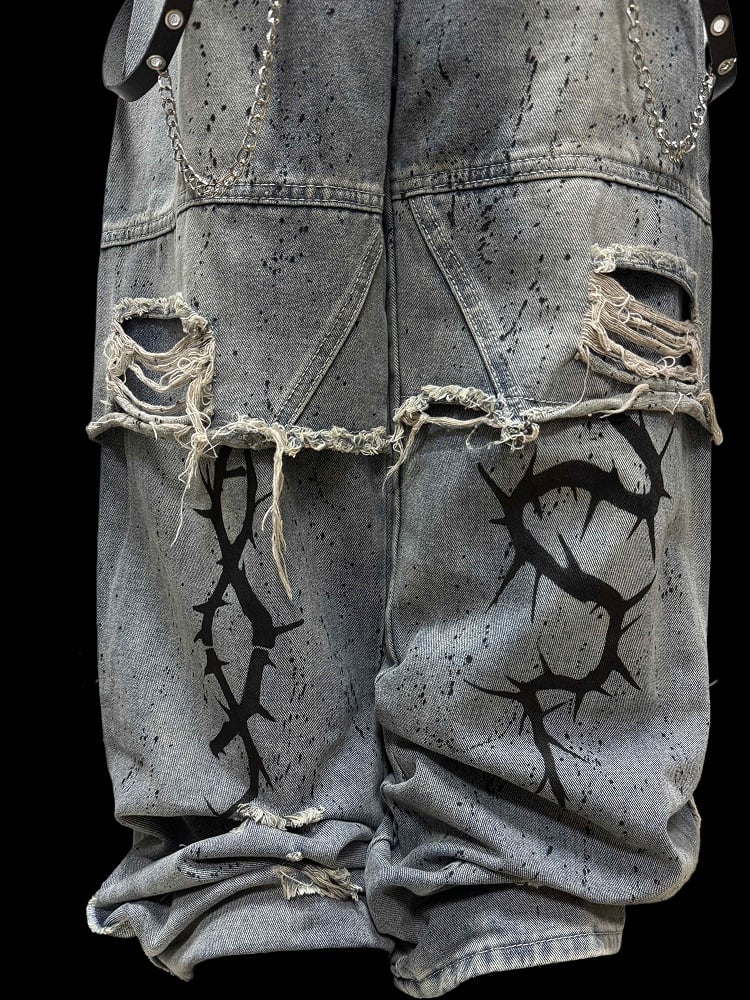 and Jeans with Holes Print Wasteland Blue Distressed Y2K Straight-Leg Graphic