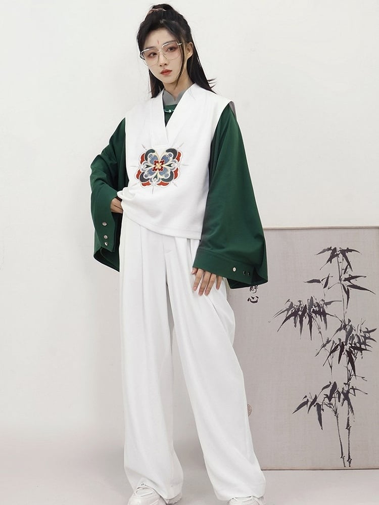 Unisex Floral White Detachable in Chain Tassel Chinese Style Vest V-neck Stitchwork