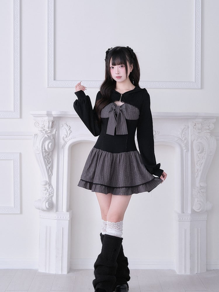 Long Design Sleeve With Black Hooded Jirai And Dress Kei Gray Striped