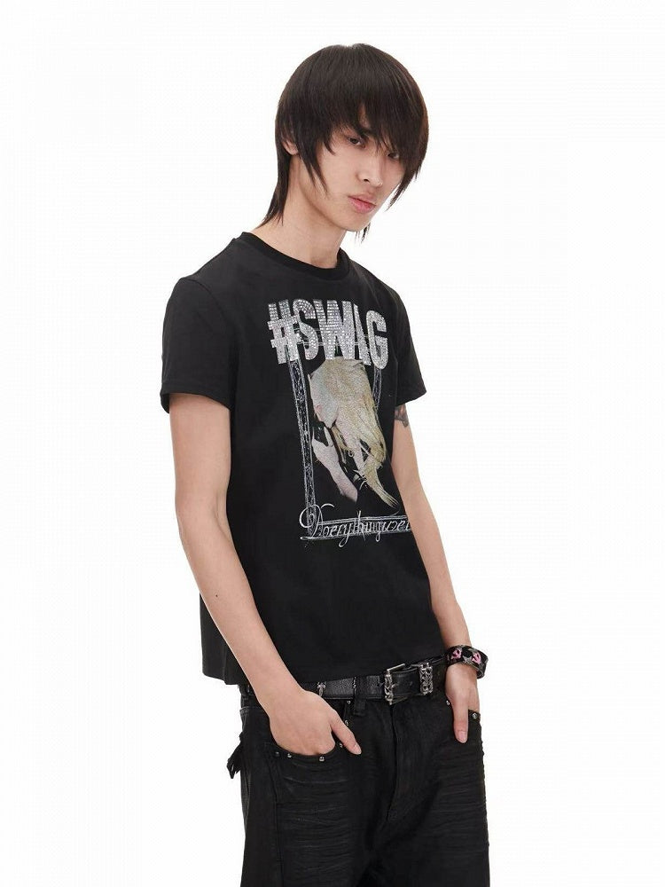 Genderless Punk Black Tee with Girl Rhinestone Print - DETW OnLine