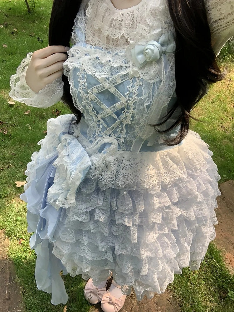 Hem Train Lace + Blue Bow JSK Only / Ruffle Lolita Dress Multi-Layered