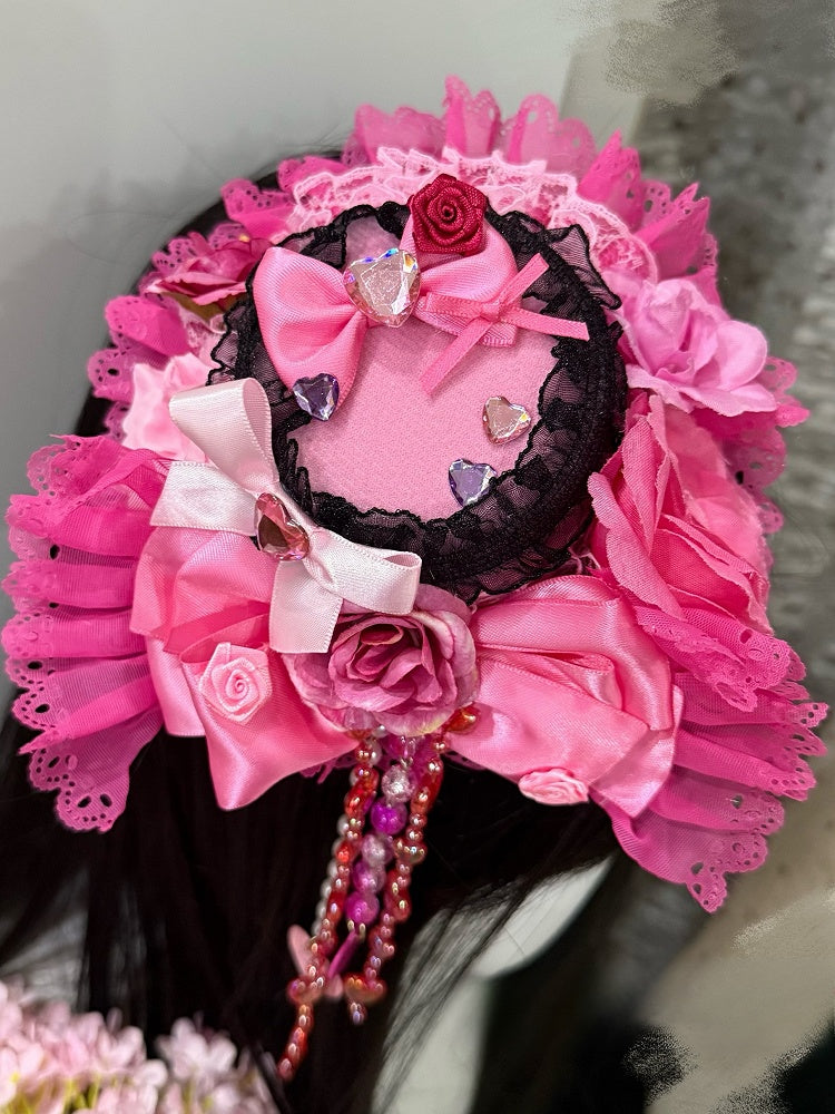 Beaded Design And Mini Details Rose Red Rhinestone Decorated Heart Bowknot Chain Rosette Hat