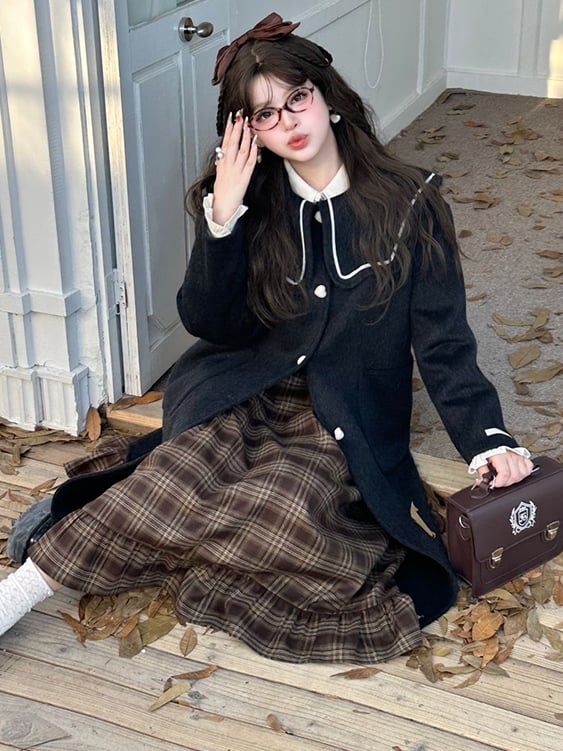 プラスサイズ ブラック セーラーカラー ハートボタン ウールコート