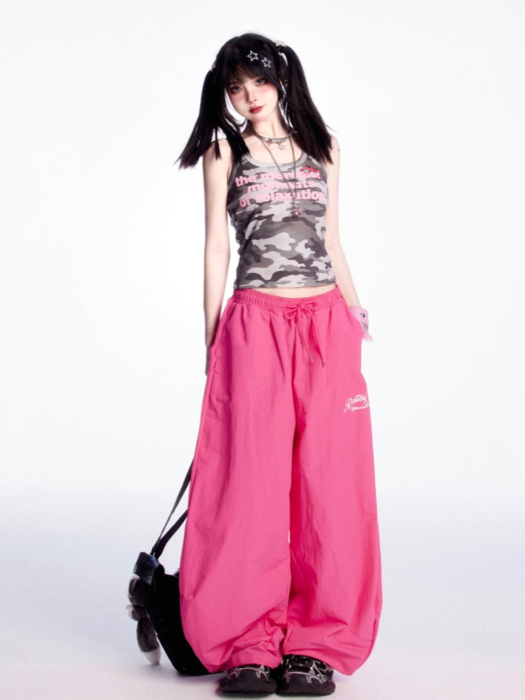 Rose Red Drawstring Waist and Cuffs Wide-leg Casual Pants