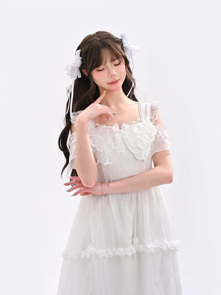 Mesh Overlay Detail with Sweet Dress White Flutter Sleeves Butterfly Neckline