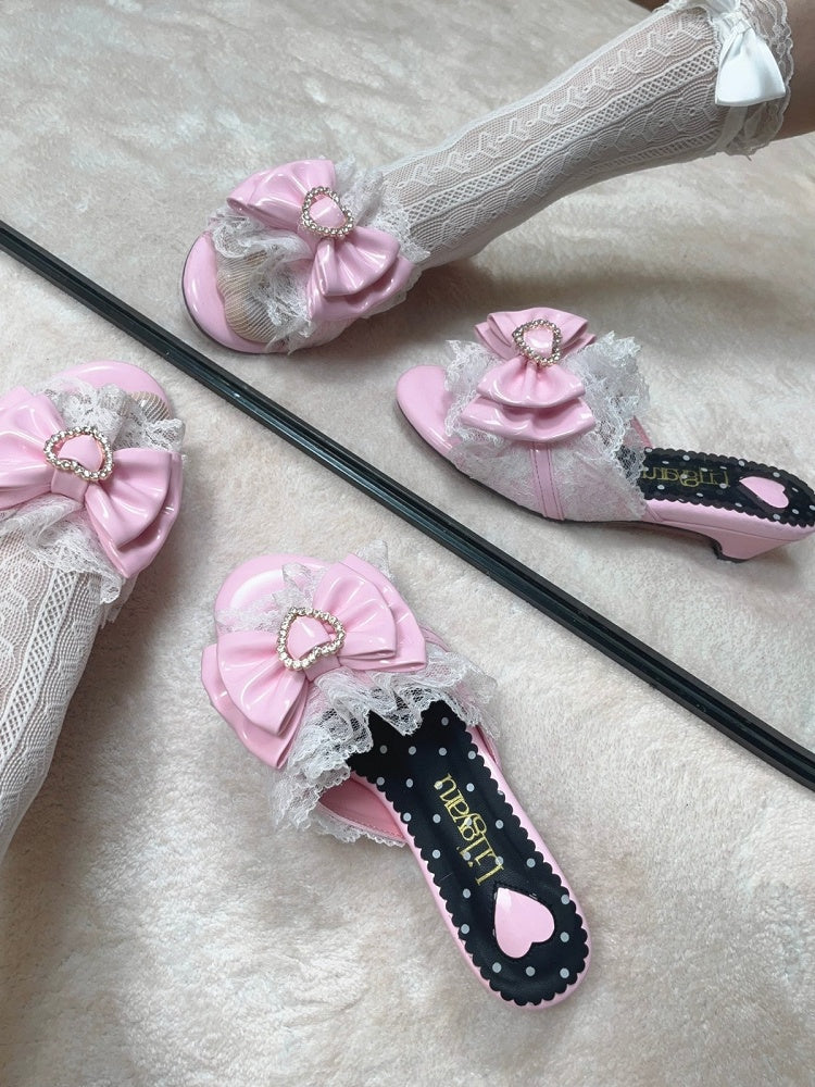 Bowknot & Lace Trim Sandals with Detachable Heart Buckle - LilGyaru