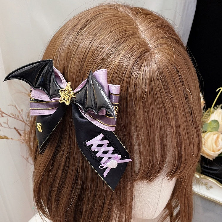 Lace-up Wings Design Hairclips Halloween Devil Bowknot BlackPurple