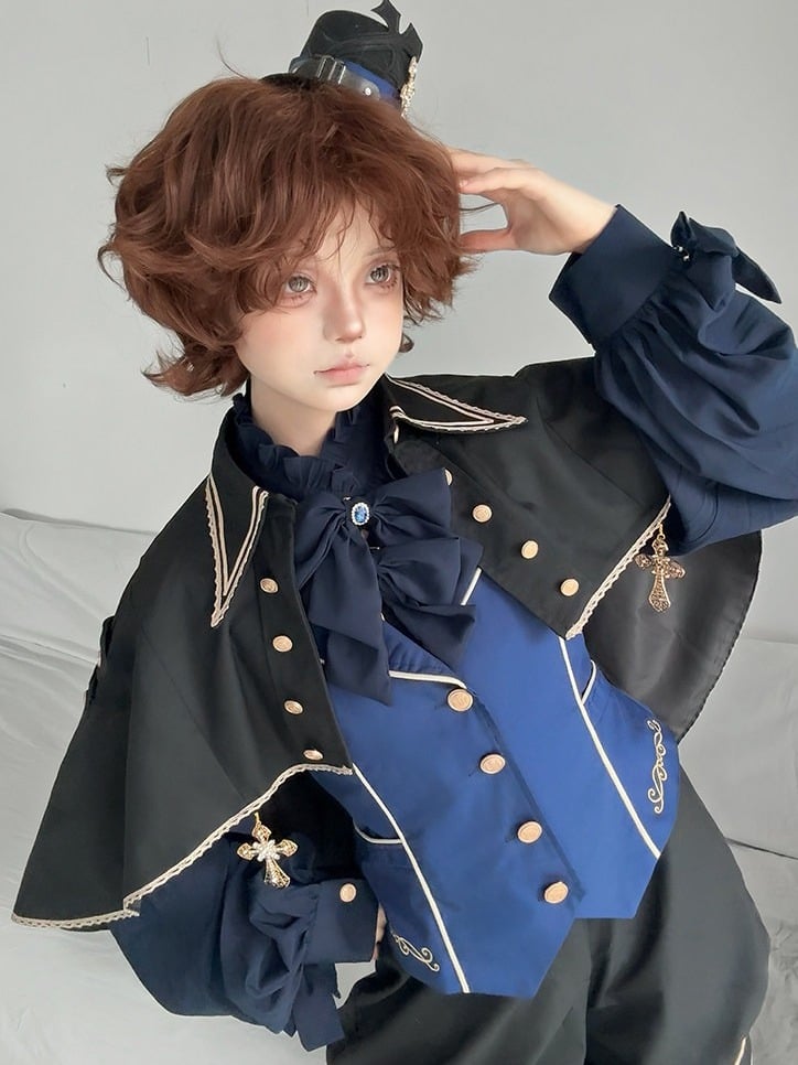 Black Ouji Lolita Cape Adorned with Cross Detailing - Castle Too