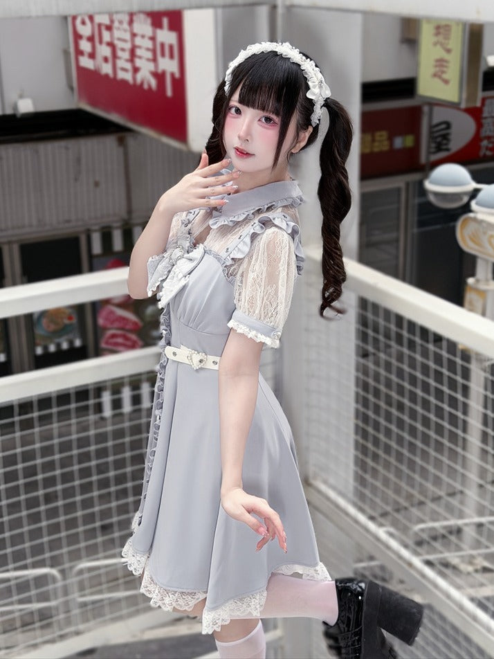 Light Blue Fake Two Piece Lace Patch Short Sleeve Dress - Puppet Bombs