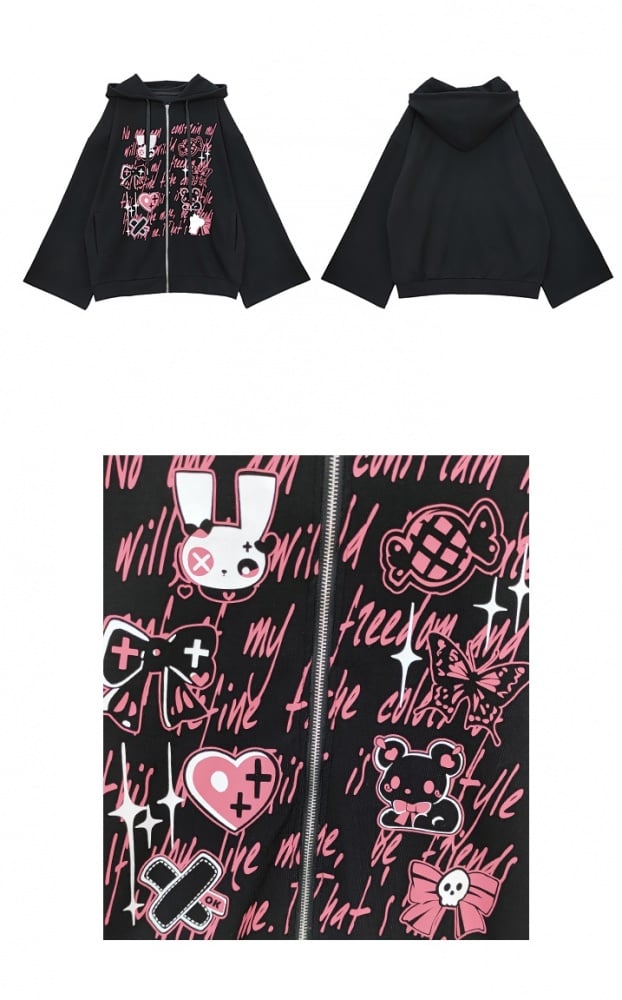 Y2K Graffiti Schwarzer Kapuzenpullover mit Glockenärmeln und lockerem Reißverschluss