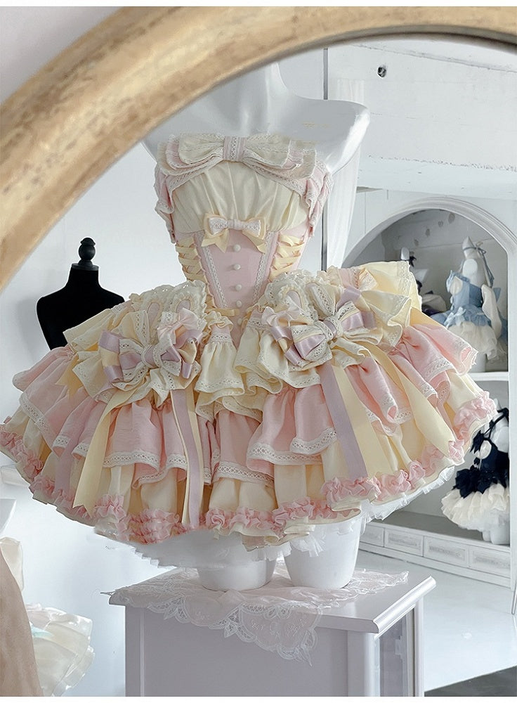 und Korsett mit Ohrenstäbchen, Schleife und Taille, rosa Rockkleid, bauschig, Hase auf süßem gelbem Design