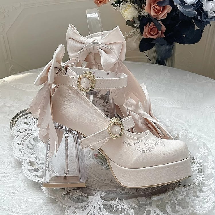 Koi Fish Charm Platform Mary Janes with Detachable Bowknot in Champagne - Floating Dream Realm