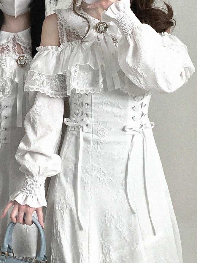 Dress Version Jirai Kei Cutout Shoulder Lace Long Bow Decor Long-Sleeve White Rhinestone