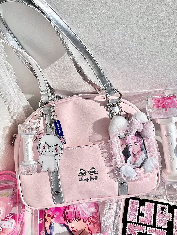 Three Heart Ita - Silver PU Way Carry Details Bag Daily Bow with Pink Kawaii Crossbody/Shoulder/Hand