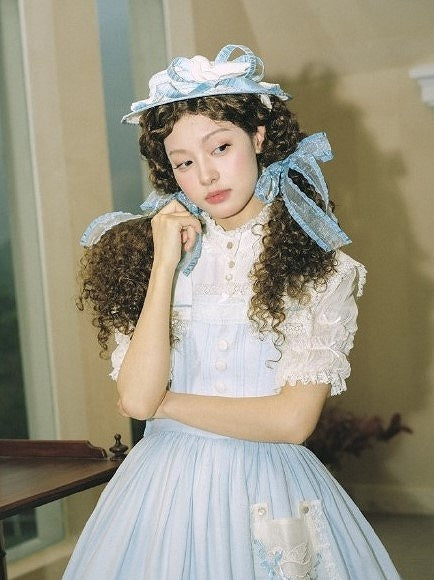 Dove Lolita Hat and with Tie Ribbon Flat Lace-Trimmed Embellishment Pink/Blue/Green