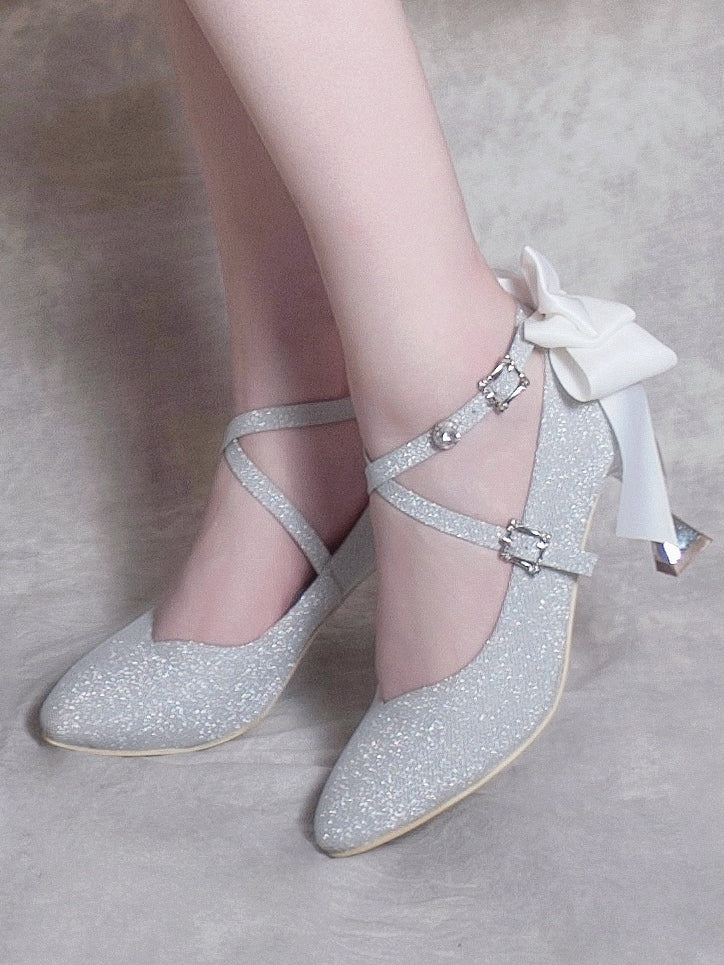 Toe Lolita PU Heels - High Silver Pointed Sparkling