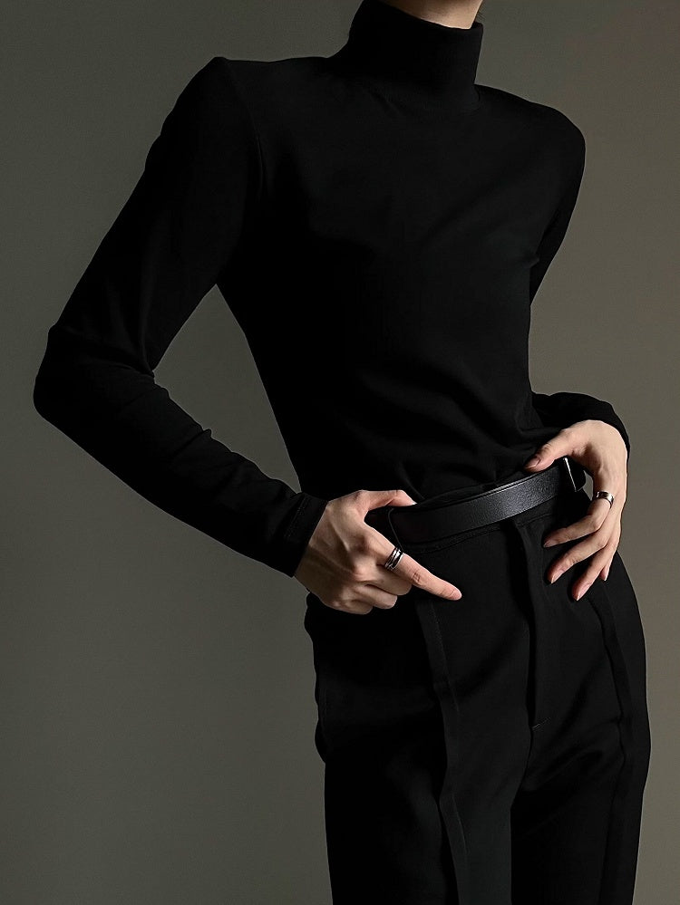 Black with Sleeve Neck Top Slim-fitting Soft Mock Prince Long Fleece Lining