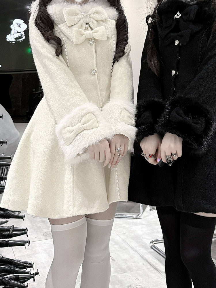 Waist-Cinching Landmine Bow-Detailed Style Long Beige Cuffs Collar Coat Furry with