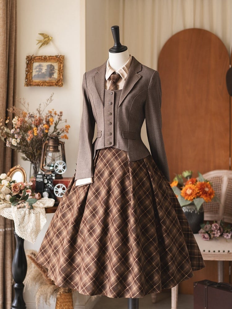 Style Vintage Brown Skirt Overall High Waist Tie Preppy with Plaid Tonal