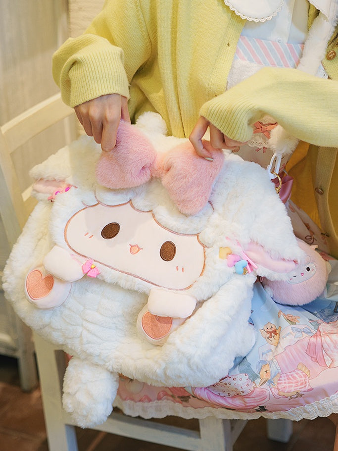 White Lamb Bowknot Plush Flap Backpack Bag Middle/Large Size