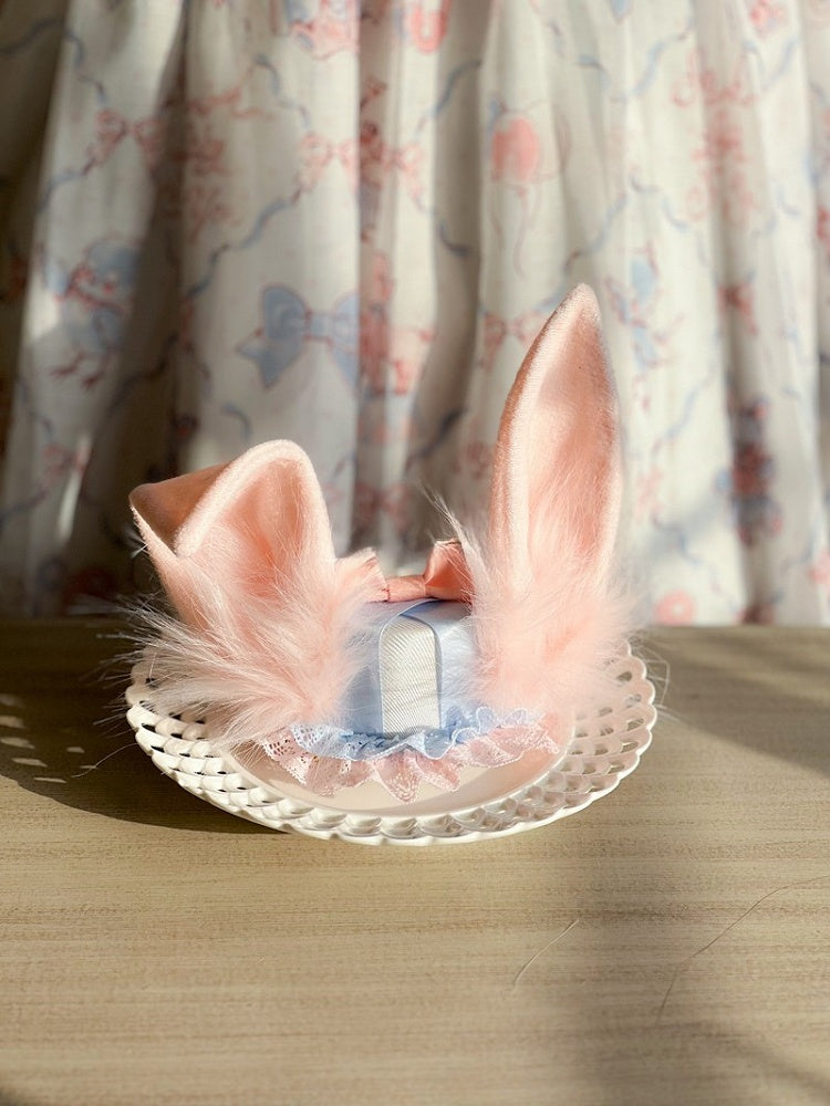Blue Sweet Lolita Bunny Ear Lace-Trimmed Mini Hat Pink