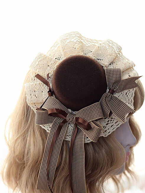 Hat Sweet Coffee-Colored Plaid Lace Lovely Bowknot With Lolita Mini