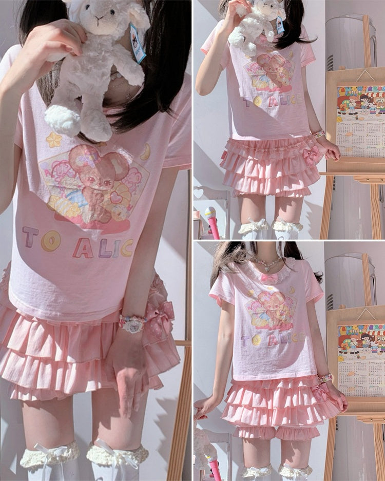 ショートバージョン 愛らしいマウスプリント ホワイト/ピンク レーストリム Tシャツ