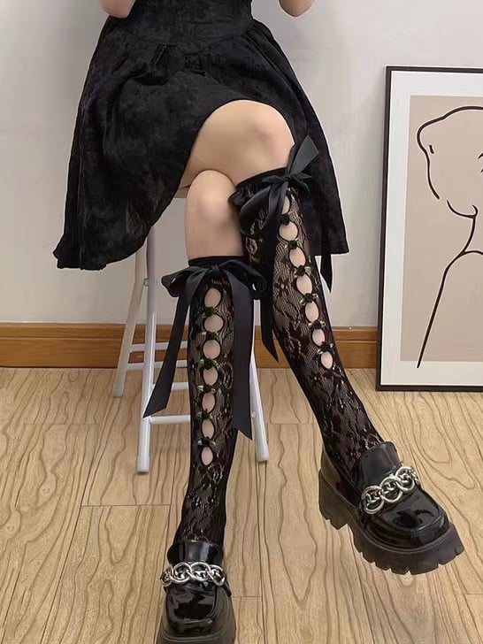 with Socks Colors Cutout Lolita Lace Rose Decorations 4 Calf Ribbon Bow 3D