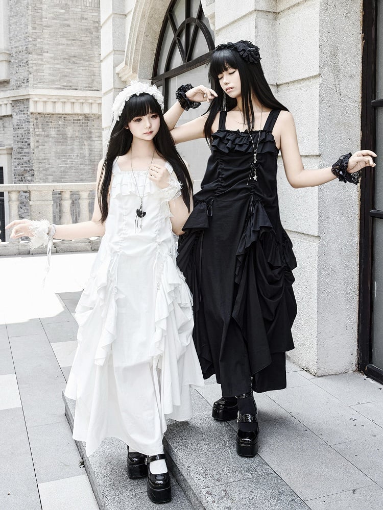 ドレス ルーズ ホワイト ゴス フリル デザイン ドローストリング カスケード